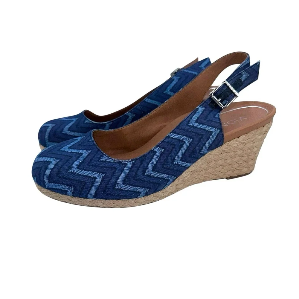 Vionic Coralina‎ Espadrille Blue Chevron Print Slingback Wedge Sandals 9.5 Wide